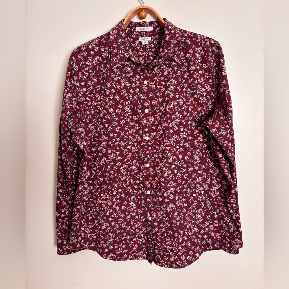 LL Bean wrinkle free XL floral button up shirt maroon 247